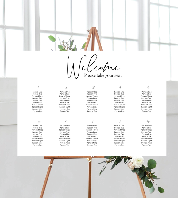 Black and white seating chart landscape for weddings. Ships from Auckland, NZ. 