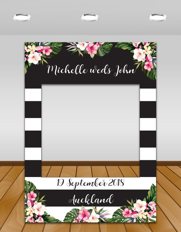 tropical flowers, black and white stripes wedding Instagram photo frame prop or selfie frame