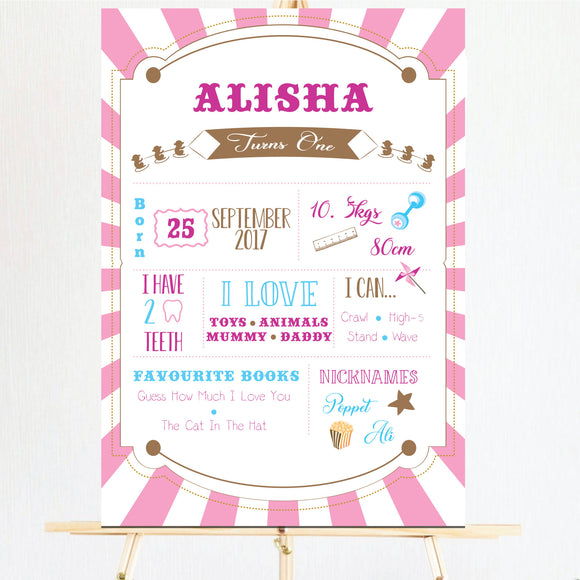pink circus milestone board/sign/poster for kids first birthday. Ships from Auckland, New Zealand (NZ)