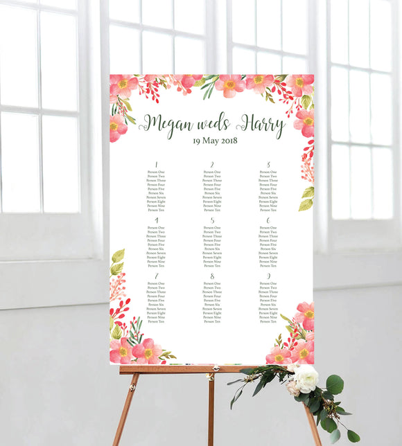 Pink Floral Seating chart perfect addition to your wedding signage. Ships from Auckland, New Zealand (NZ)