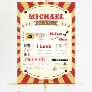 red and gold circus milestone board/sign/poster for kids first birthday. Ships from Auckland, New Zealand (NZ)