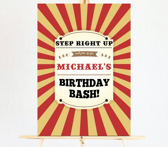 red and gold circus welcome sign/board/poster for kids birthday party. Ships from Auckland, NZ