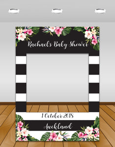 Tropical flowers, black and white stripes Baby Shower Instagram photo frame prop or selfie frame