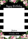 tropical flowers, black and white stripes Birthday Instagram photo frame prop or selfie frame