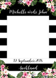 tropical flowers, black and white stripes wedding Instagram photo frame prop or selfie frame