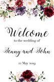 Burgundy Watercolour Flowers Welcome Sign